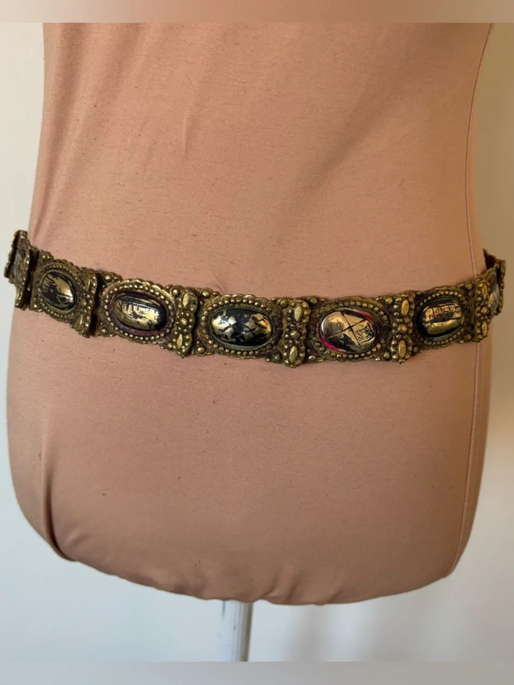 19th Century Antique Ottoman Turkish c1800s Brass Niello Paneled Pictorial Belt